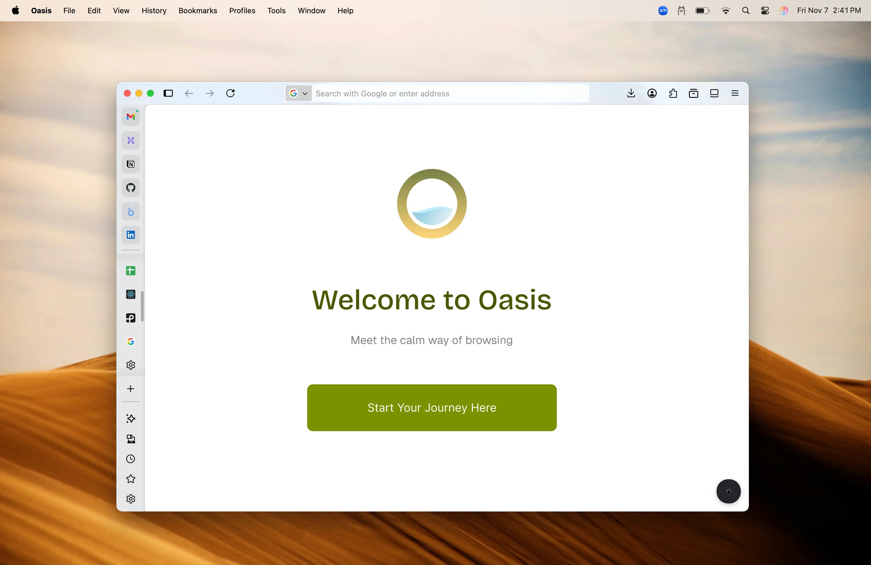 Oasis Browser Interface - Welcome to Oasis
